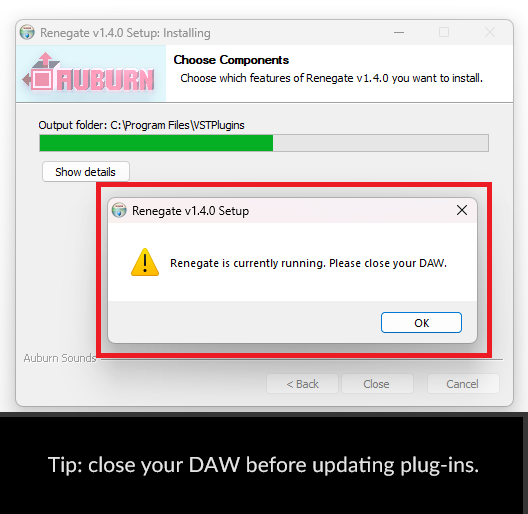 Close your DAW before updating plug-ins